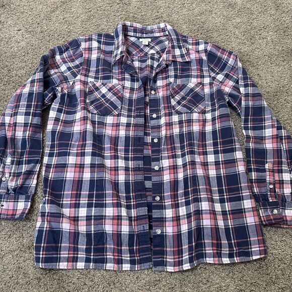 VTG LL Bean Womens XL Plaid pink Flannel Shirt Long Sleeve Cottage‎ Core Blue - Picture 1 of 10